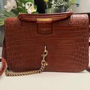 Yves Saint Laurent Brown Charlotte Messenger Croc-Embossed Shoulder Bag